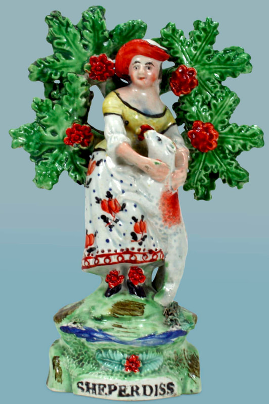 antique Staffordshire figure, Staffordshire pottery figure, SALT, pearlware figure, bocage figure, Myrna Schkolne, sheperdiss, shepherd