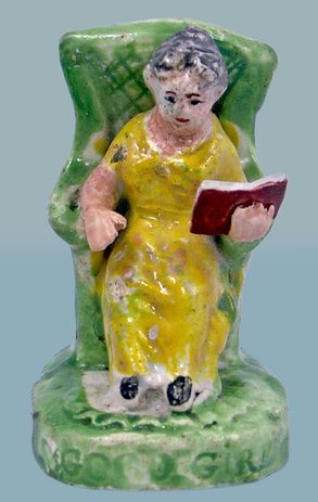 antique Staffordshire figure, Staffordshire pottery figure, SALT, pearlware figure, bocage figure, Myrna Schkolne, GOOD GIRL, GOOD BOY, reading