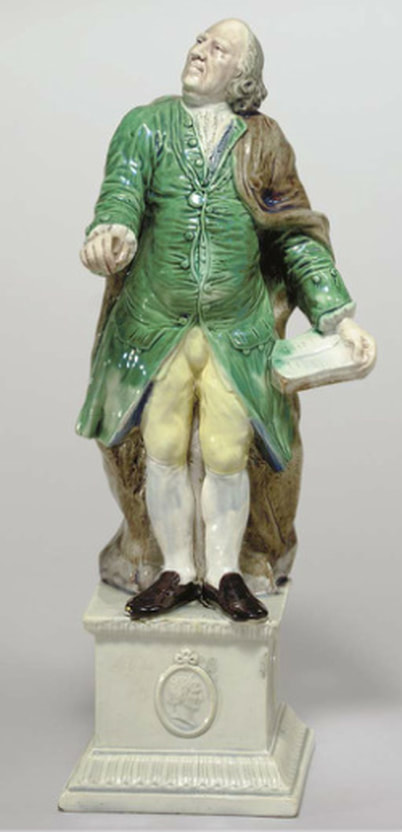 antique Staffordshire figure, antique Staffordshire pottery, pearlware, Myrna Schkolne, Benjamin Franklin, Ralph Wood figure