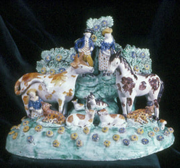 antique Staffordshire figure, Staffordshire pottery figure, Dale staffordshire figure, Edge & Grocott, pearlware figure, bocage figure, Myrna Schkolne, horse, dog, cow, shepherds