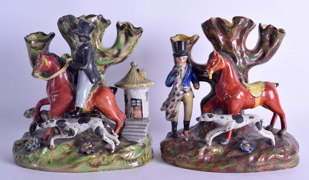 antique Staffordshire pottery, Staffordshire figure, pearlware, spill vase, equestrian Staffordshire figures, coursing spill vase, Myrna Schkolne