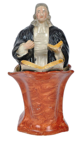 antique Staffordshire pottery, Rev. Wesley, antique Staffordshire figure, pearlware figure, Vicar and Moses,  Myrna Schkolne