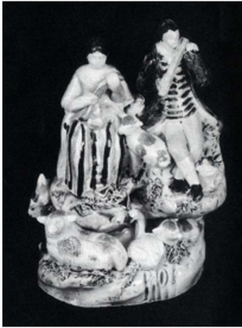 antique Staffordshire figure, Staffordshire pottery figure, Dale staffordshire figure, Edge & Grocott, pearlware figure, bocage figure, Myrna Schkolne, musicians